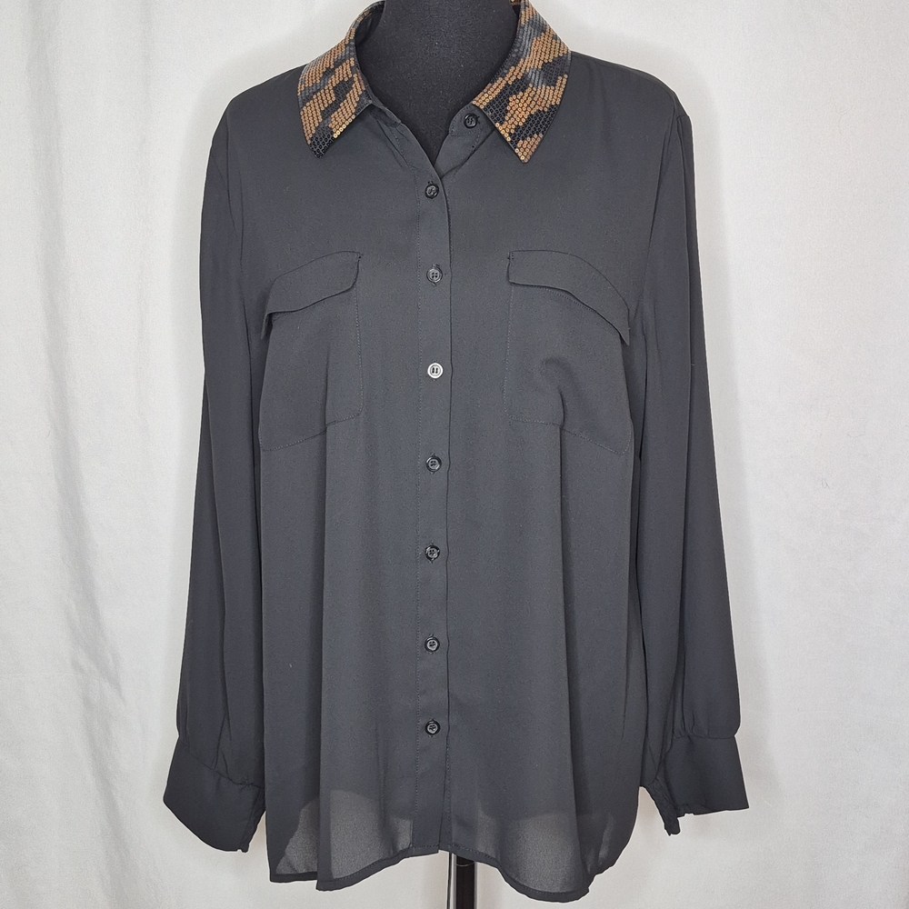 Alfani Woman Black Semi-Sheer Button-Front Blouse w/ Sequined Collar - Size 18W